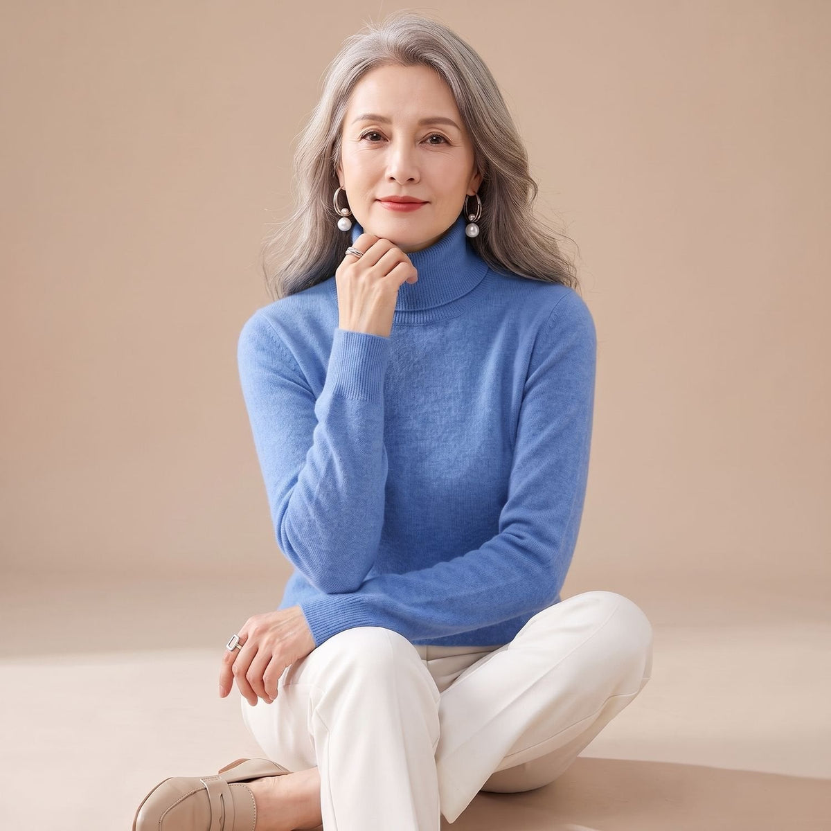 Women's Close-Fit Roll Neck Knit Jumper for Layering - Blue