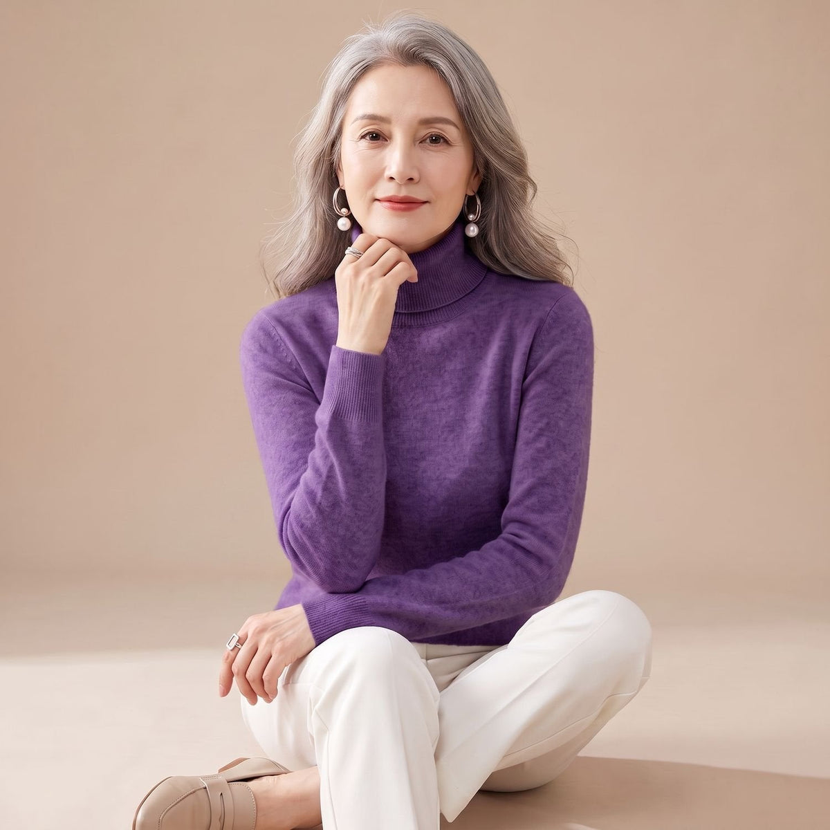 Women's Close-Fit Roll Neck Knit Jumper for Layering - Purple