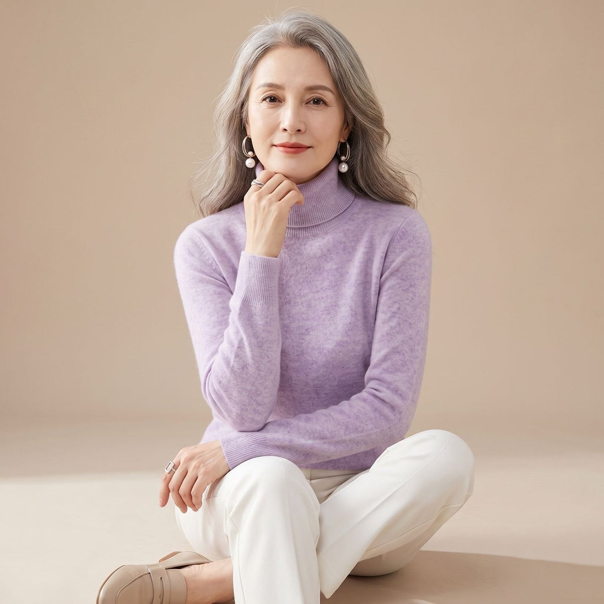 Women's Close-Fit Roll Neck Knit Jumper for Layering - Light Violet