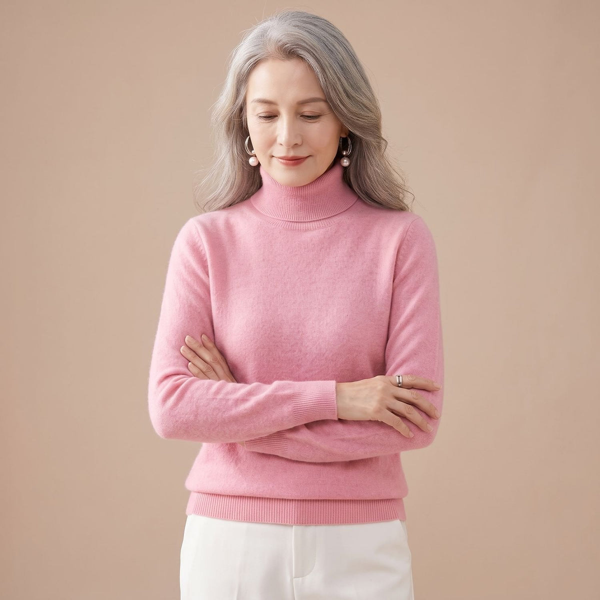 Women's Close-Fit Roll Neck Knit Jumper for Layering - Pink