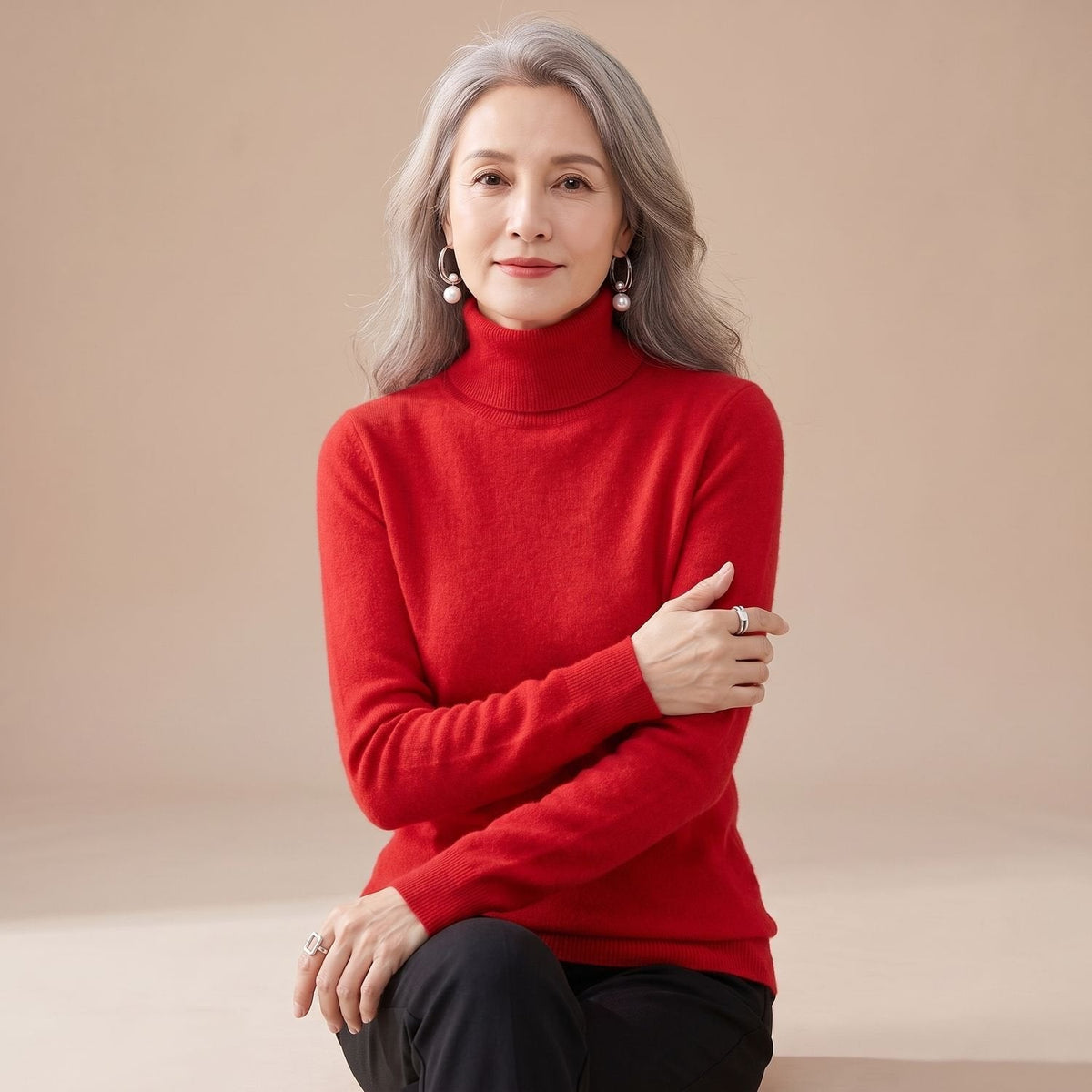 Women's Close-Fit Roll Neck Knit Jumper for Layering - Red