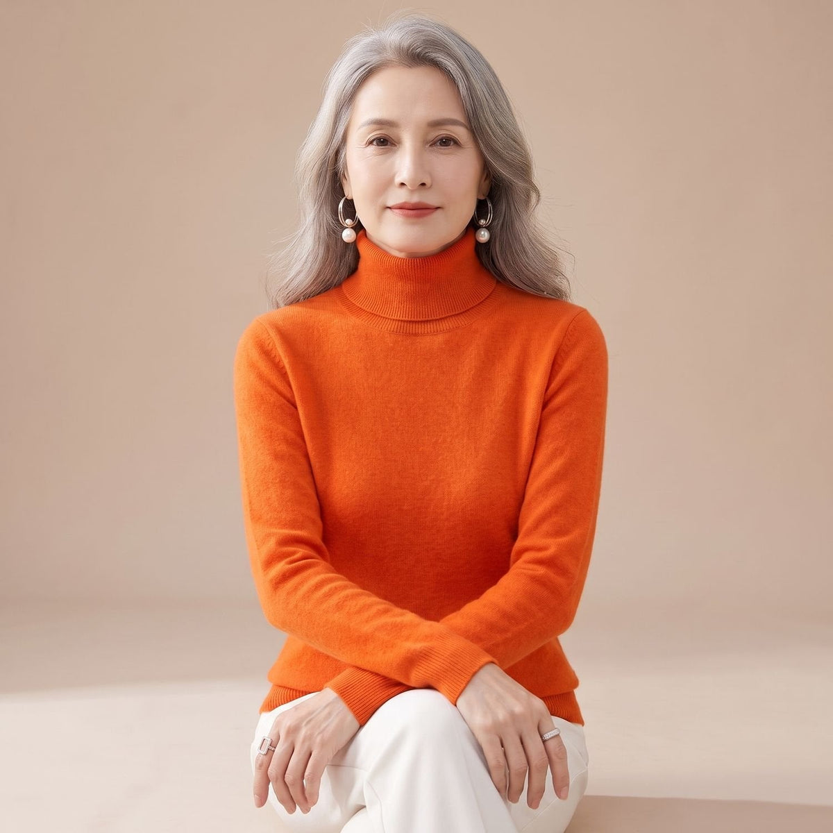 Women's Close-Fit Roll Neck Knit Jumper for Layering - Orange