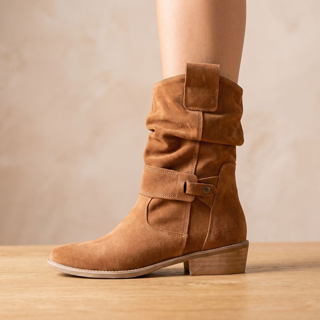 Women's Side-Zip Suede Ankle Boots with Softly Slouched Shaft - Brown