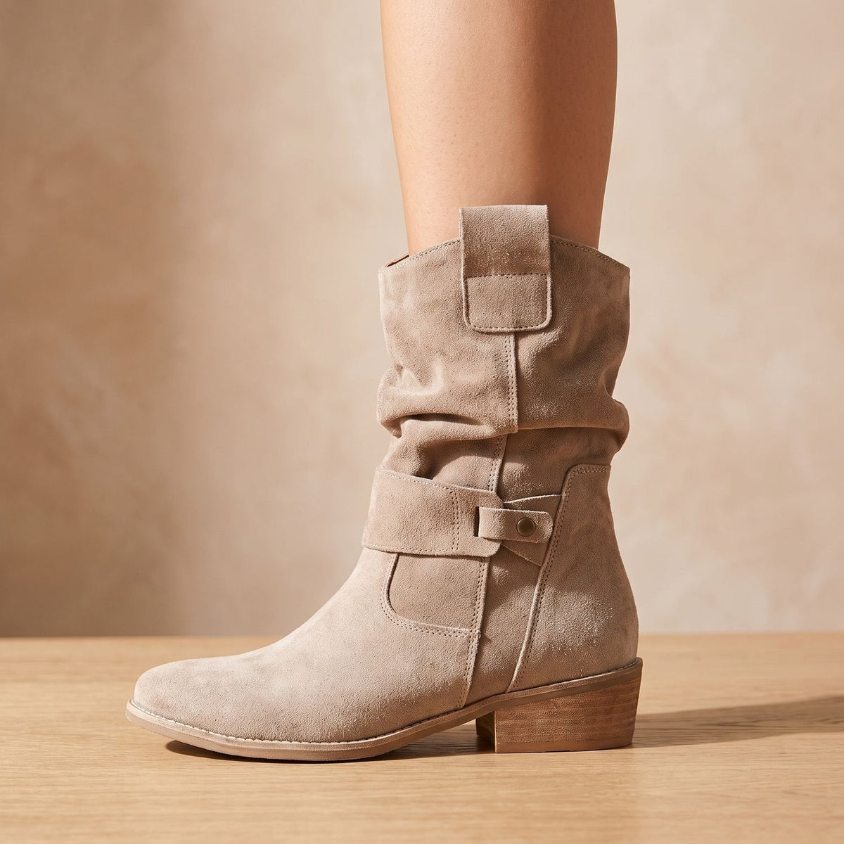 Women's Side-Zip Suede Ankle Boots with Softly Slouched Shaft - Beige