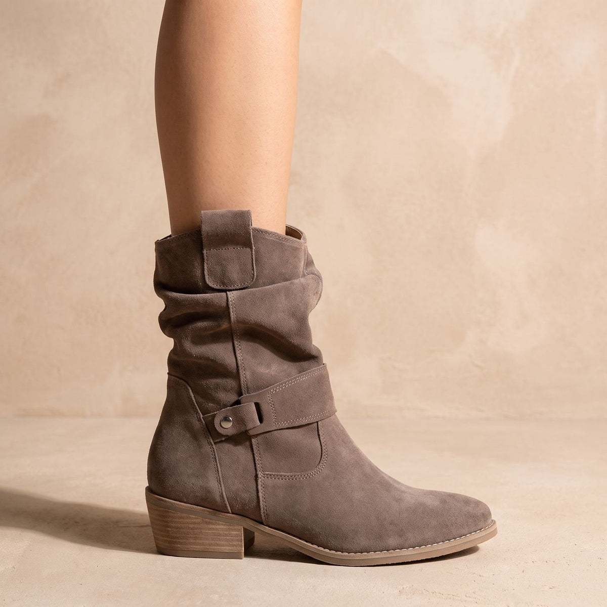 Women's Side-Zip Suede Ankle Boots with Softly Slouched Shaft - Khaki