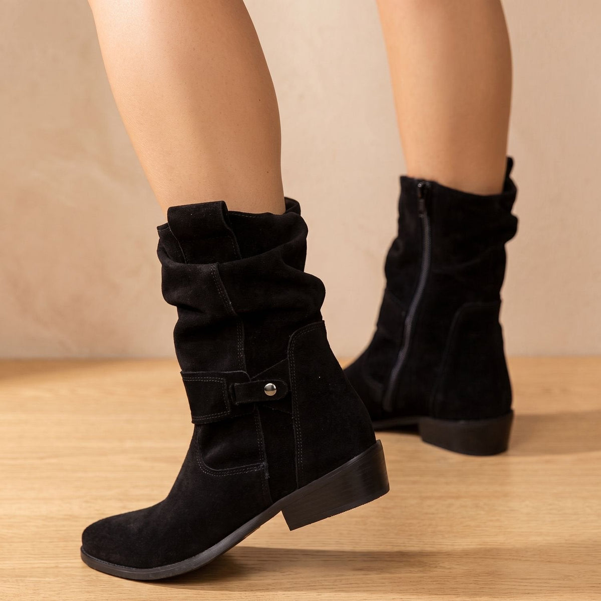Women's Side-Zip Suede Ankle Boots with Softly Slouched Shaft - Black