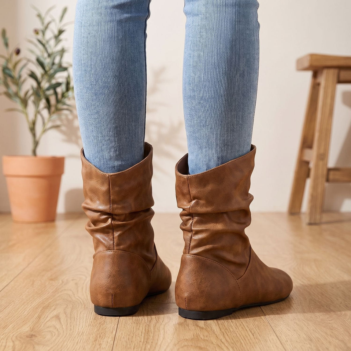 Women's Ruched Slouch Boots with Flat Sole and Stretch Panels