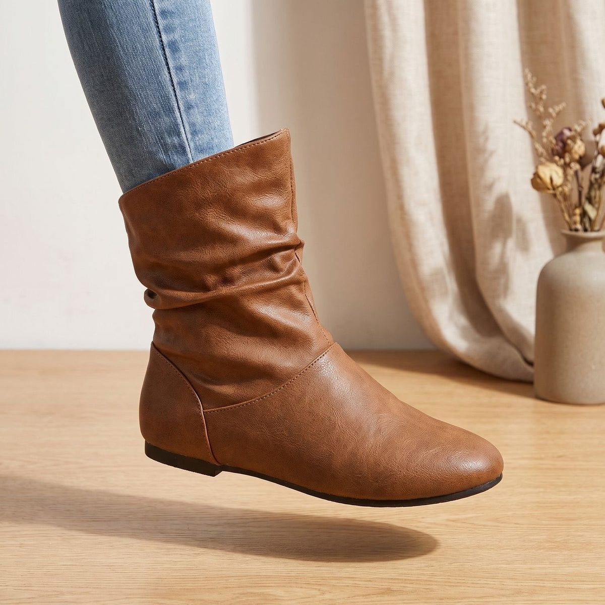 Women's Ruched Slouch Boots with Flat Sole and Stretch Panels - Brown