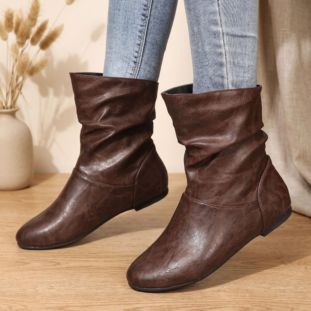 Women's Ruched Slouch Boots with Flat Sole and Stretch Panels - Coffee