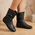 Women's Ruched Slouch Boots with Flat Sole and Stretch Panels