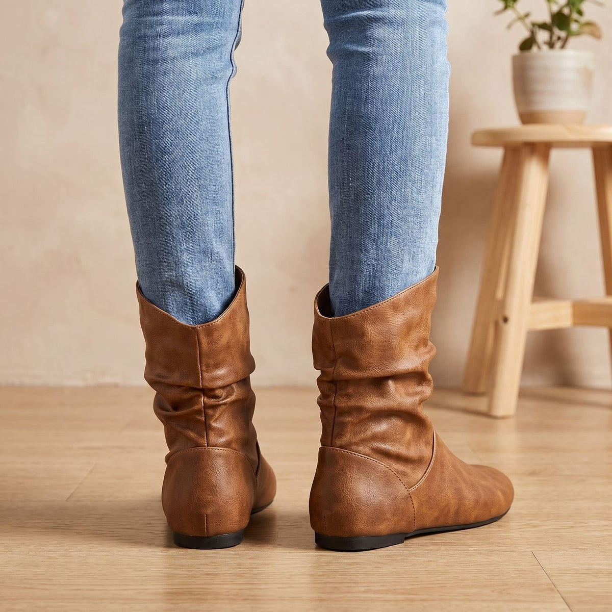 Women's Ruched Slouch Boots with Flat Sole and Stretch Panels