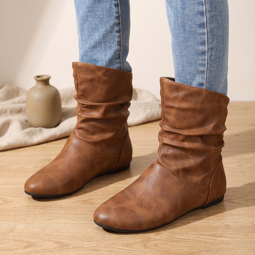 Women's Ruched Slouch Boots with Flat Sole and Stretch Panels