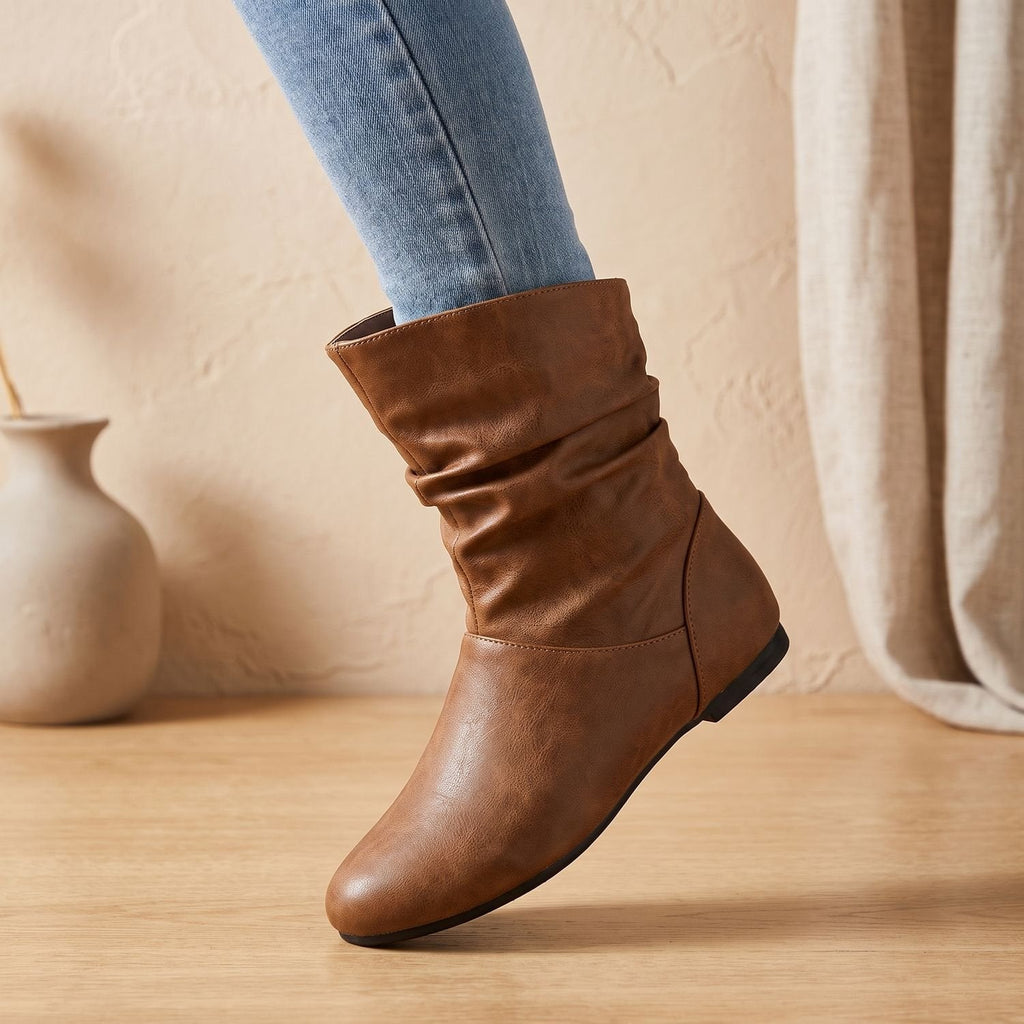 Women's Ruched Slouch Boots with Flat Sole and Stretch Panels