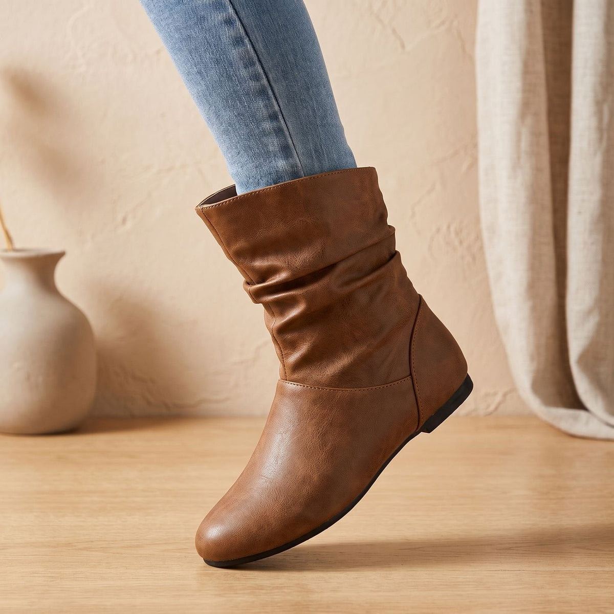 Women's Ruched Slouch Boots with Flat Sole and Stretch Panels