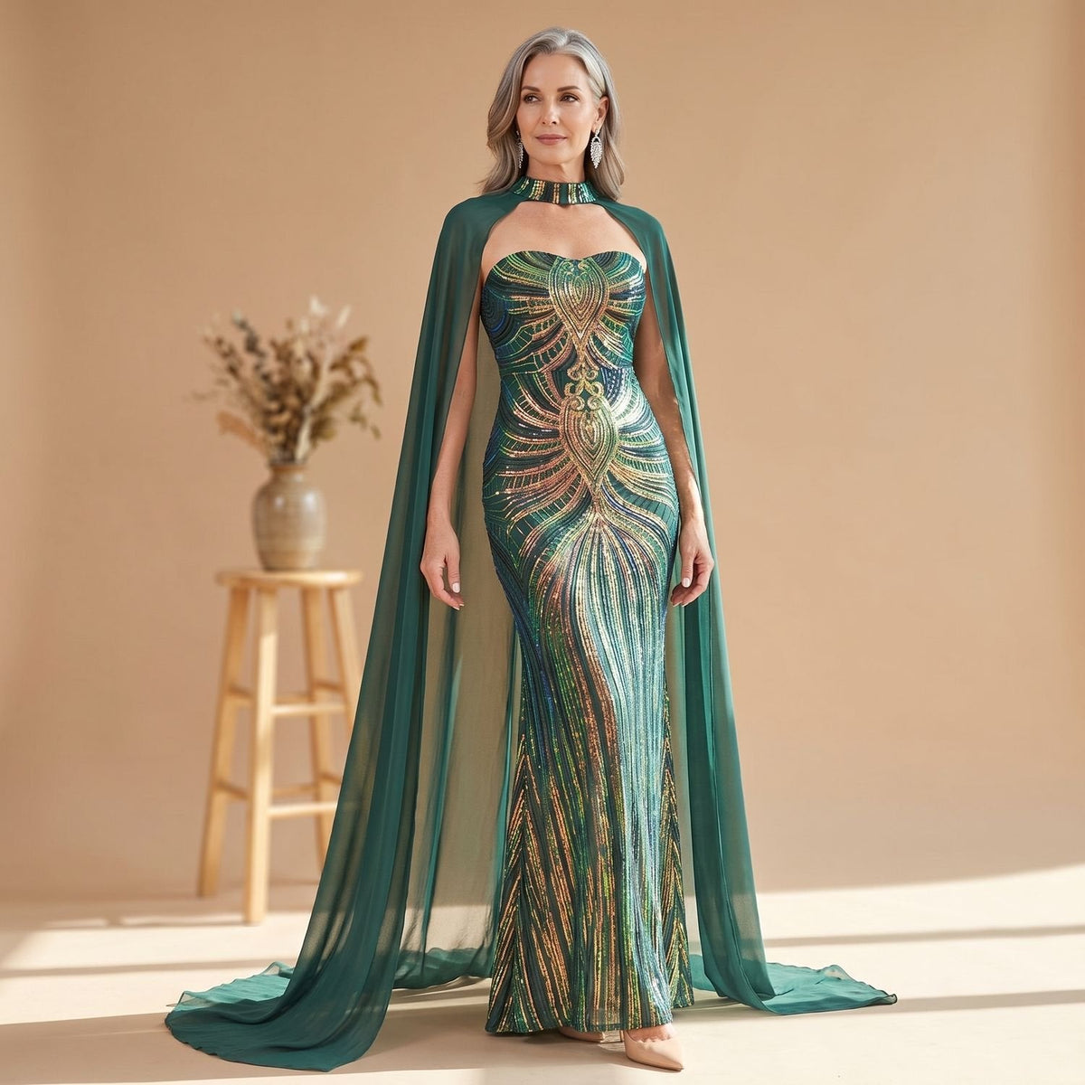 Women's Mesh-Cape Fishtail Sequin Gown for Formal Evenings