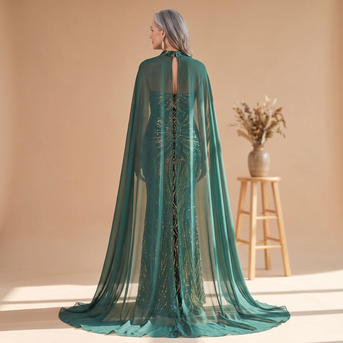 Women's Mesh-Cape Fishtail Sequin Gown for Formal Evenings