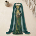 Women's Mesh-Cape Fishtail Sequin Gown for Formal Evenings - Green