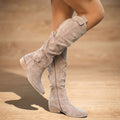Women's Low-Heel Gathered Knee-High Boots in a Soft Suede-Look Finish - Khaki