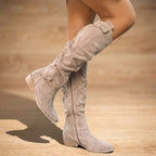 Women's Low-Heel Gathered Knee-High Boots in a Soft Suede-Look Finish - Khaki