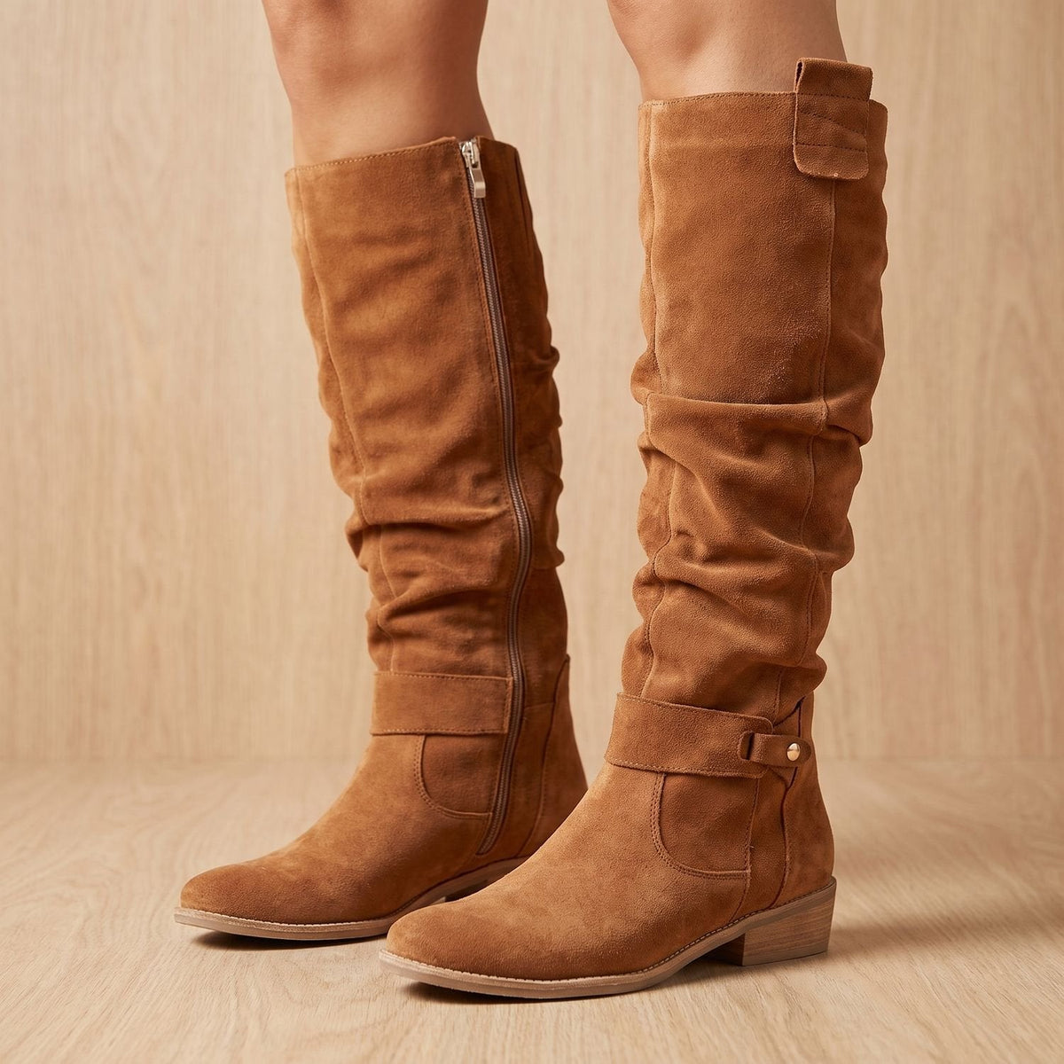 Women's Low-Heel Gathered Knee-High Boots in a Soft Suede-Look Finish - Brown
