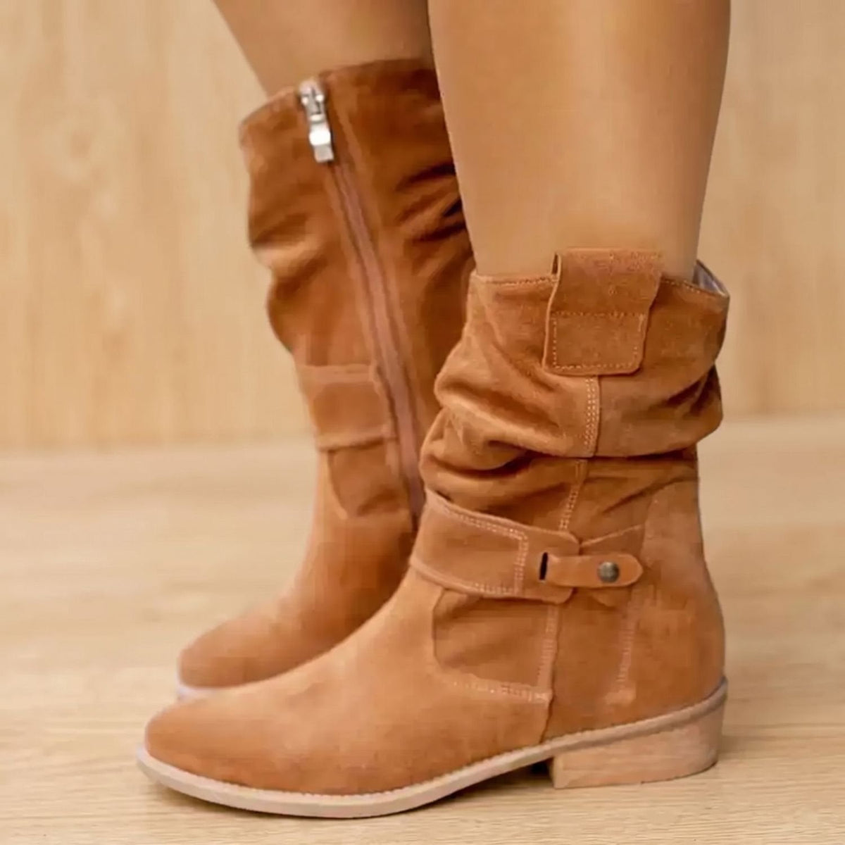 Women's Low-Heel Gathered Knee-High Boots in a Soft Suede-Look Finish - Brown 2