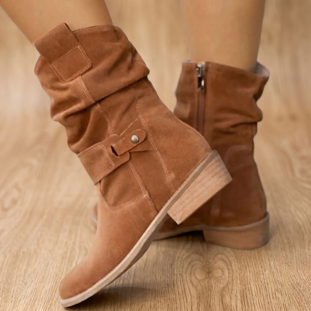 Women's Low-Heel Gathered Knee-High Boots in a Soft Suede-Look Finish