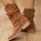 Women's Low-Heel Gathered Knee-High Boots in a Soft Suede-Look Finish