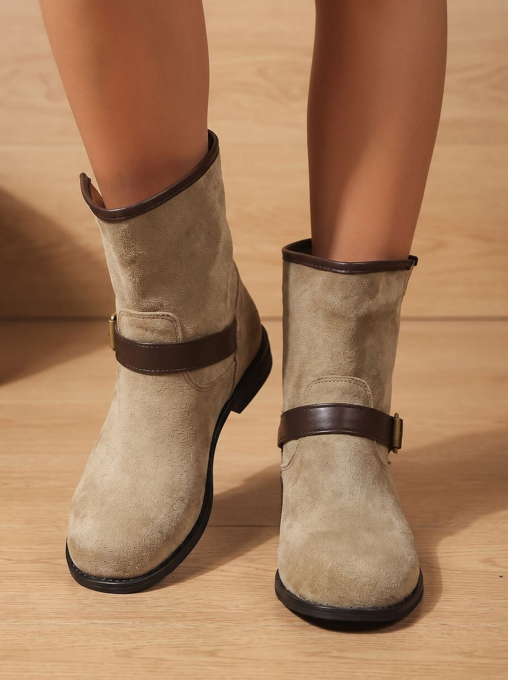 Women's Western-Style Suede Slip-On Boots with Low Heel and Strap