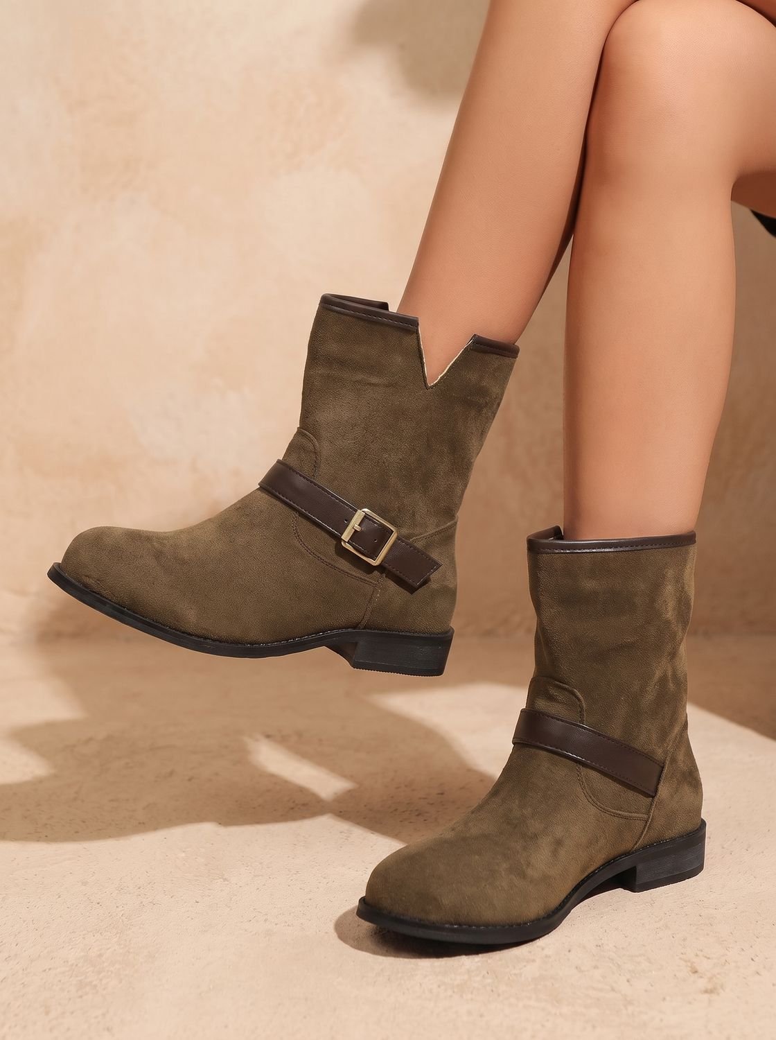 Women's Western-Style Suede Slip-On Boots with Low Heel and Strap