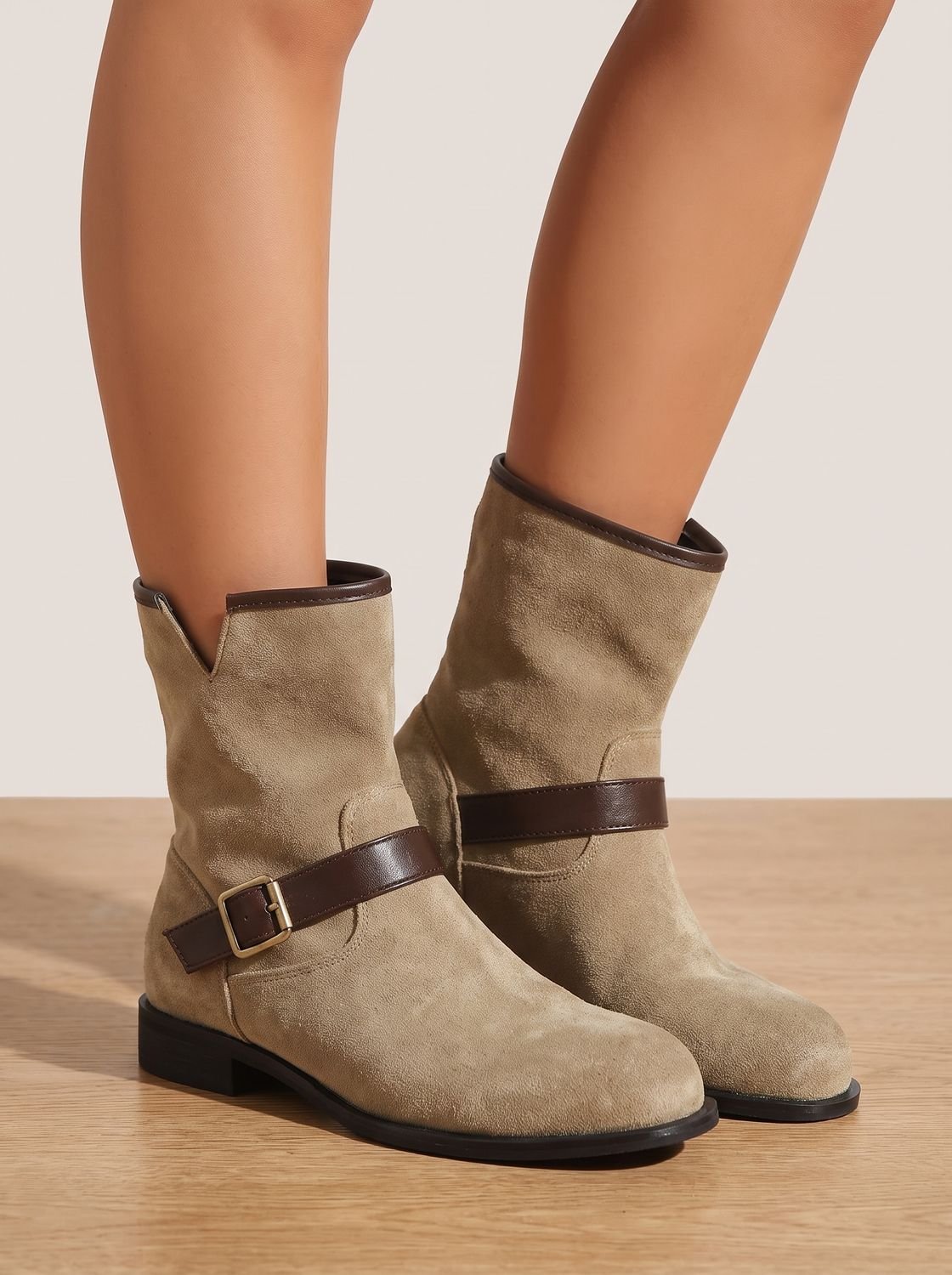 Women's Western-Style Suede Slip-On Boots with Low Heel and Strap