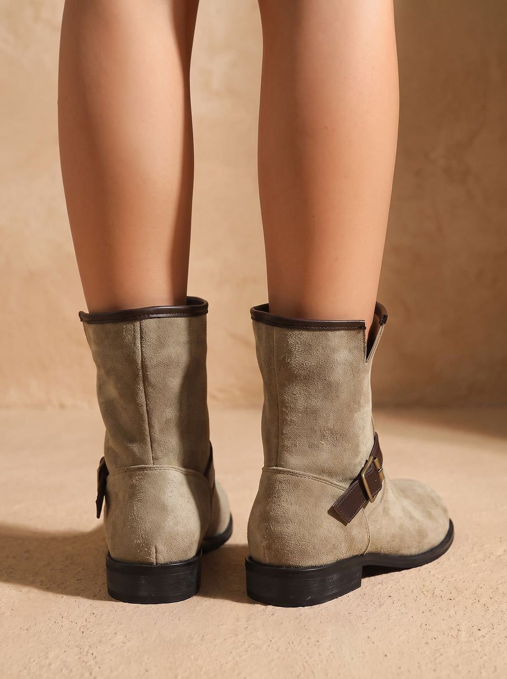 Women's Western-Style Suede Slip-On Boots with Low Heel and Strap