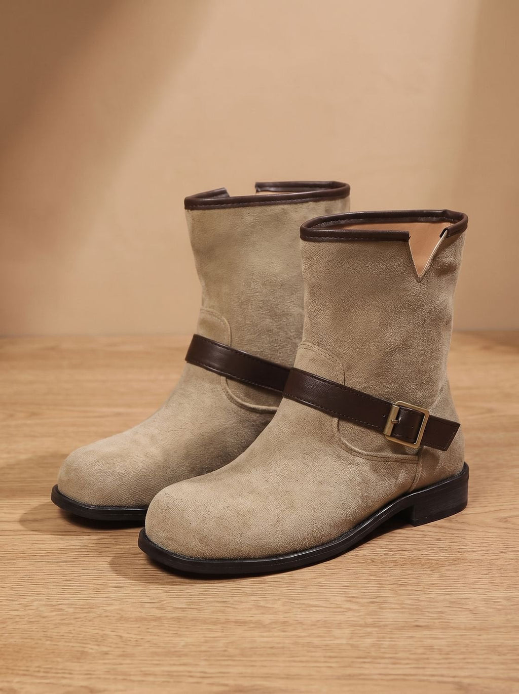 Women's Western-Style Suede Slip-On Boots with Low Heel and Strap