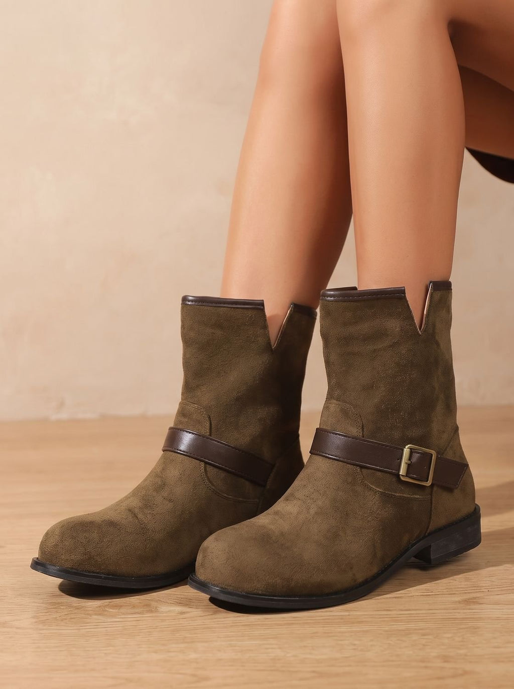 Women's Western-Style Suede Slip-On Boots with Low Heel and Strap - Dark Brown