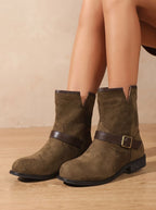 Women's Western-Style Suede Slip-On Boots with Low Heel and Strap - Dark Brown
