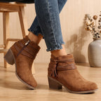 Women's Western Faux Suede Ankle Boots with Tassels and Mid Heel