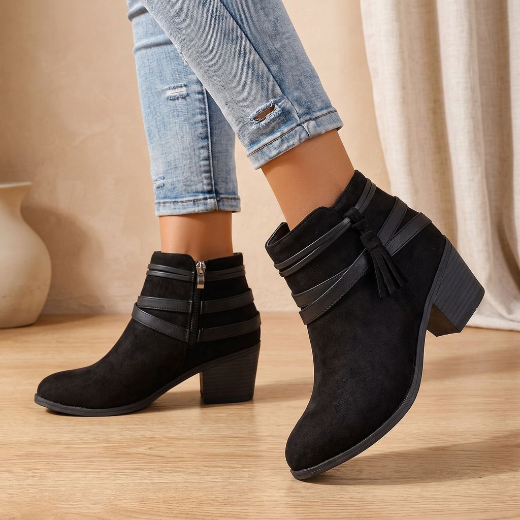 Women's Western Faux Suede Ankle Boots with Tassels and Mid Heel