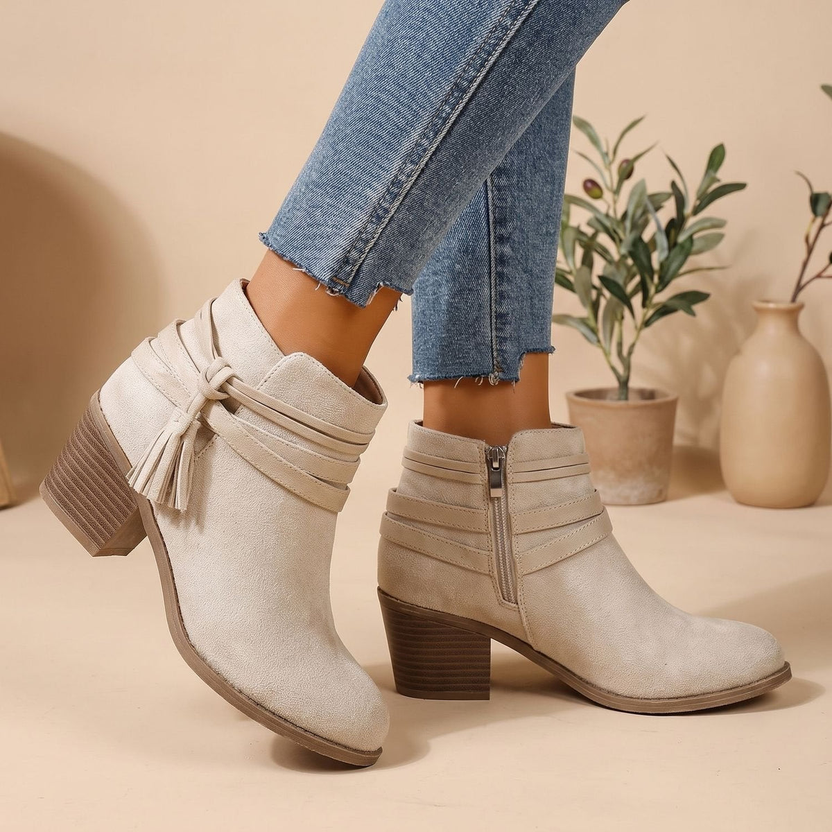 Women's Western Faux Suede Ankle Boots with Tassels and Mid Heel
