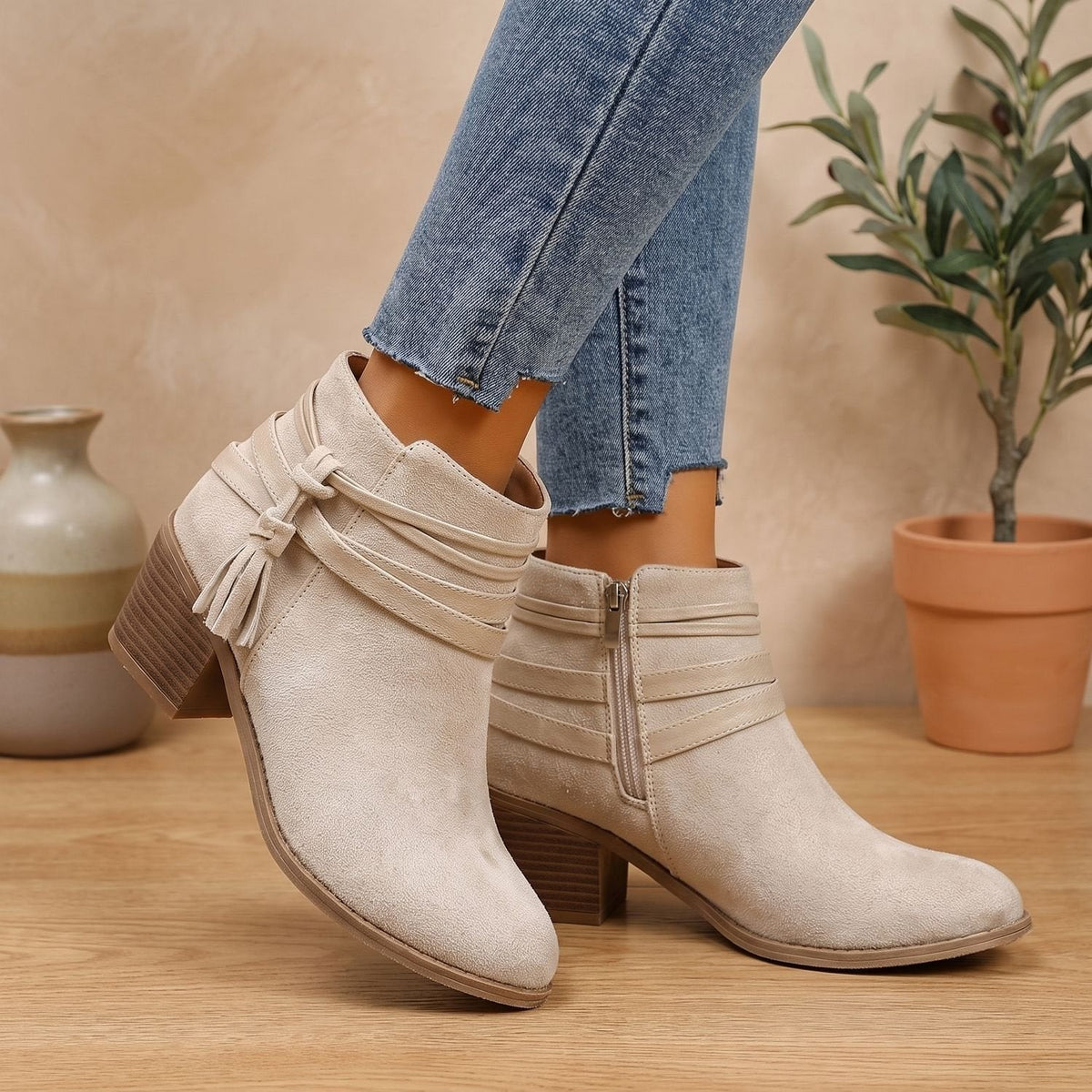Women's Western Faux Suede Ankle Boots with Tassels and Mid Heel