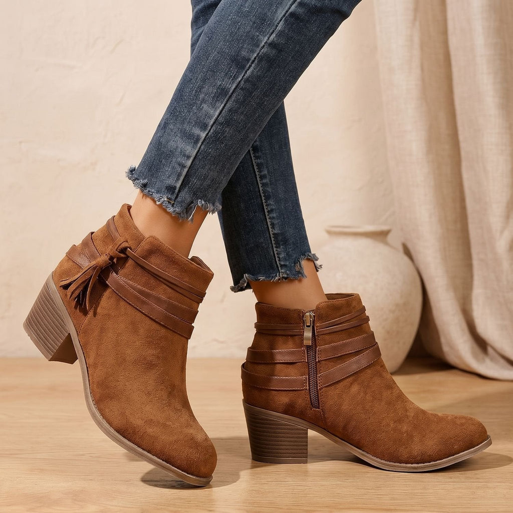Women's Western Faux Suede Ankle Boots with Tassels and Mid Heel - Brown