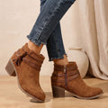 Women's Western Faux Suede Ankle Boots with Tassels and Mid Heel - Brown