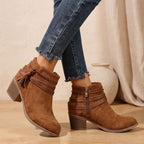Women's Western Faux Suede Ankle Boots with Tassels and Mid Heel - Brown