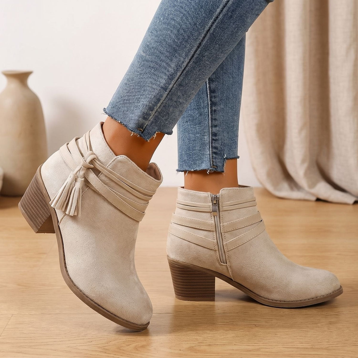Women's Western Faux Suede Ankle Boots with Tassels and Mid Heel - Beige