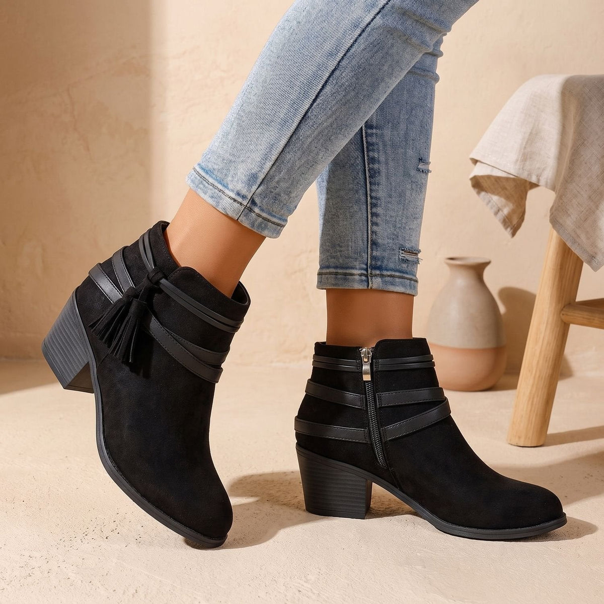 Women's Western Faux Suede Ankle Boots with Tassels and Mid Heel - Black