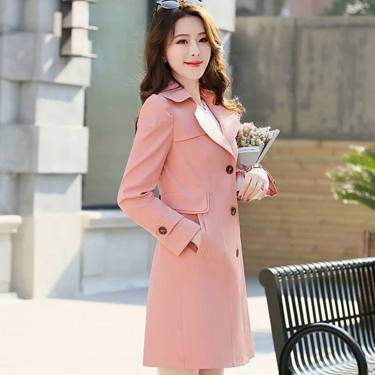 Women's Washable Single-Breasted Trench Coat for Work and Weekends - Pink