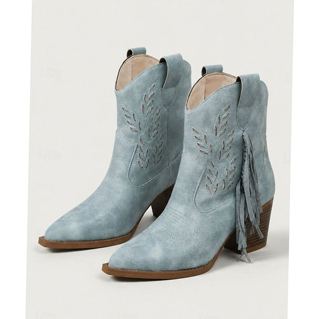 Women's Festival Western Boots with Side Tassel and Pointed Toe - Blue