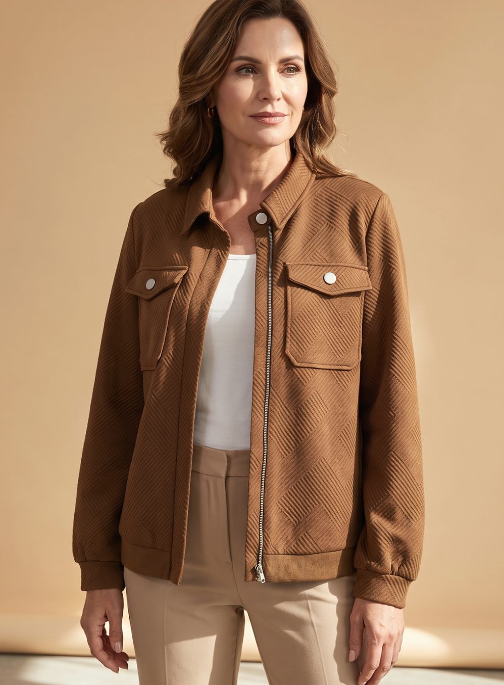 Women's Hip-Length Diamond-Texture Bomber with Press-Stud Pockets