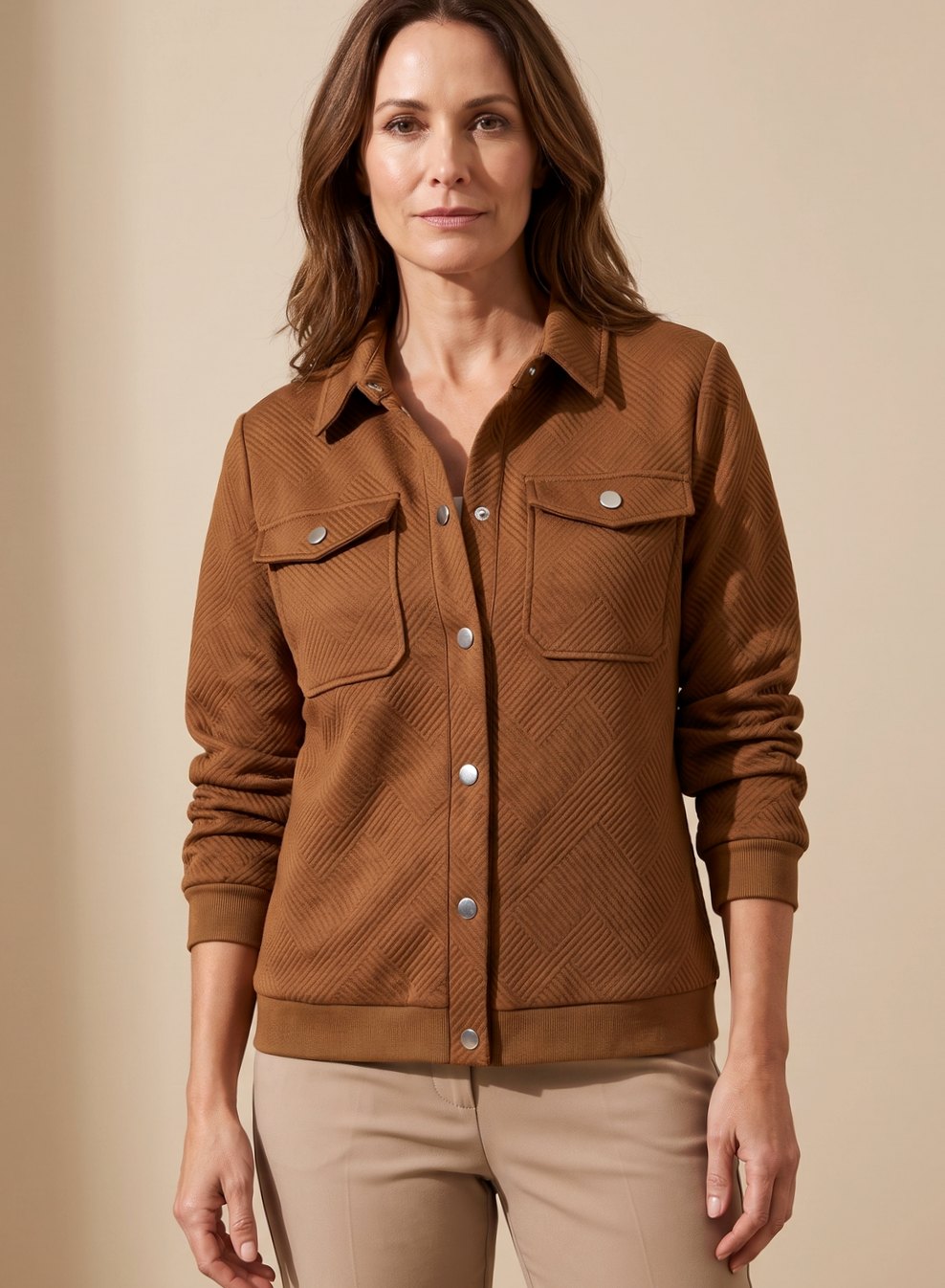 Women's Hip-Length Diamond-Texture Bomber with Press-Stud Pockets
