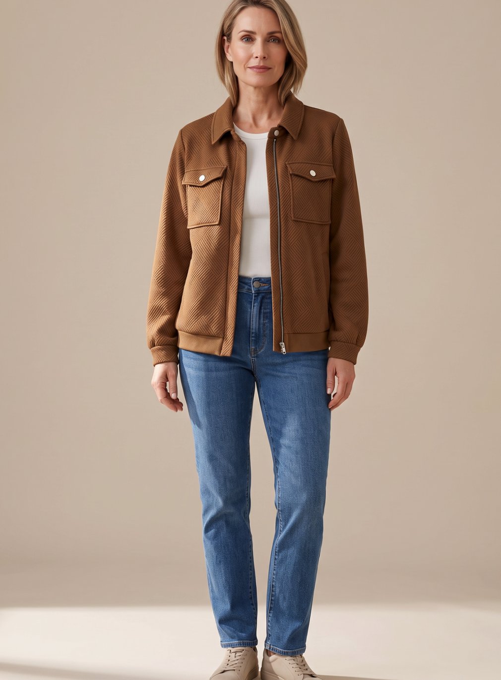 Women's Hip-Length Diamond-Texture Bomber with Press-Stud Pockets