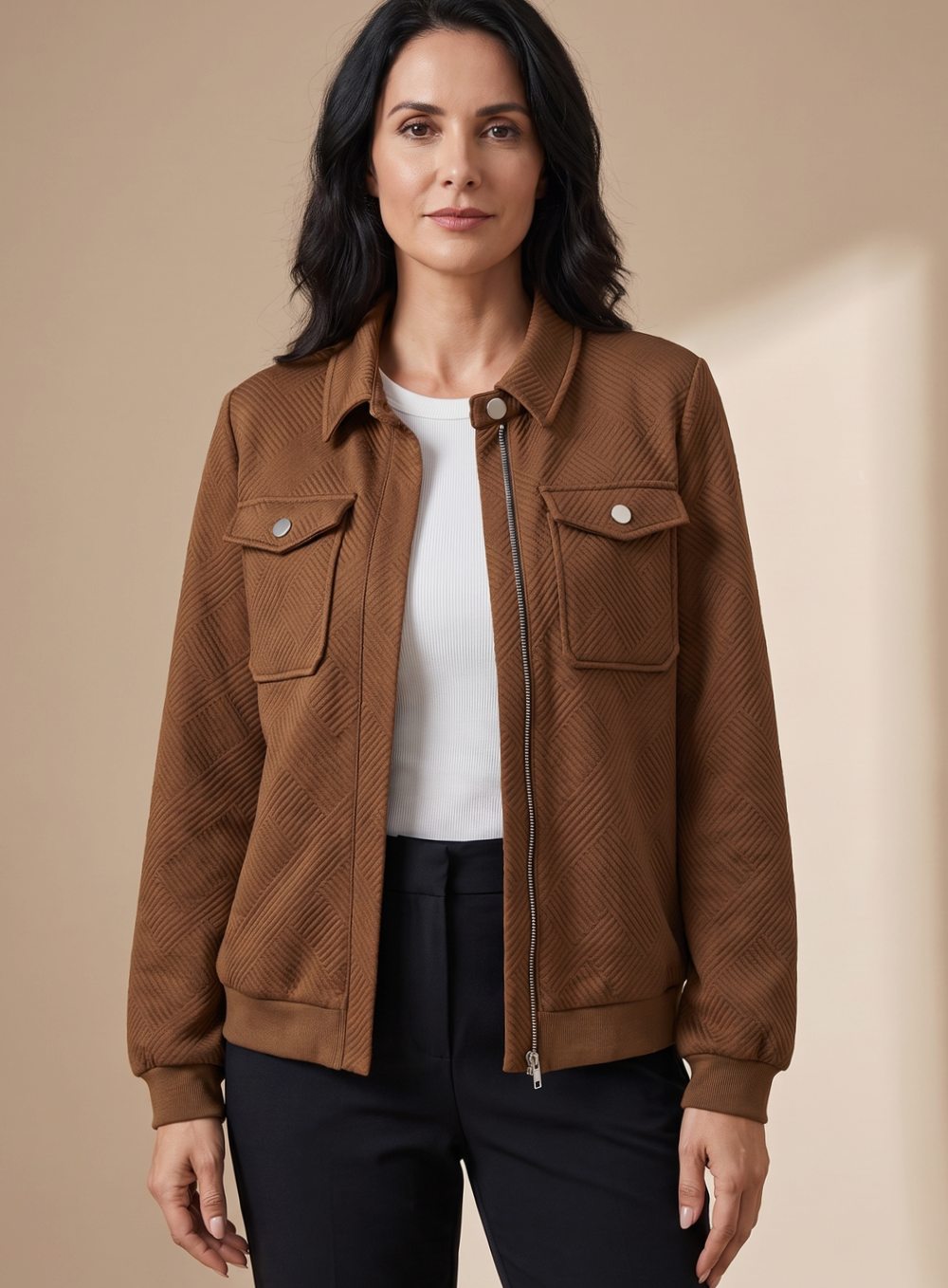 Women's Hip-Length Diamond-Texture Bomber with Press-Stud Pockets