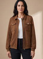 Women's Hip-Length Diamond-Texture Bomber with Press-Stud Pockets